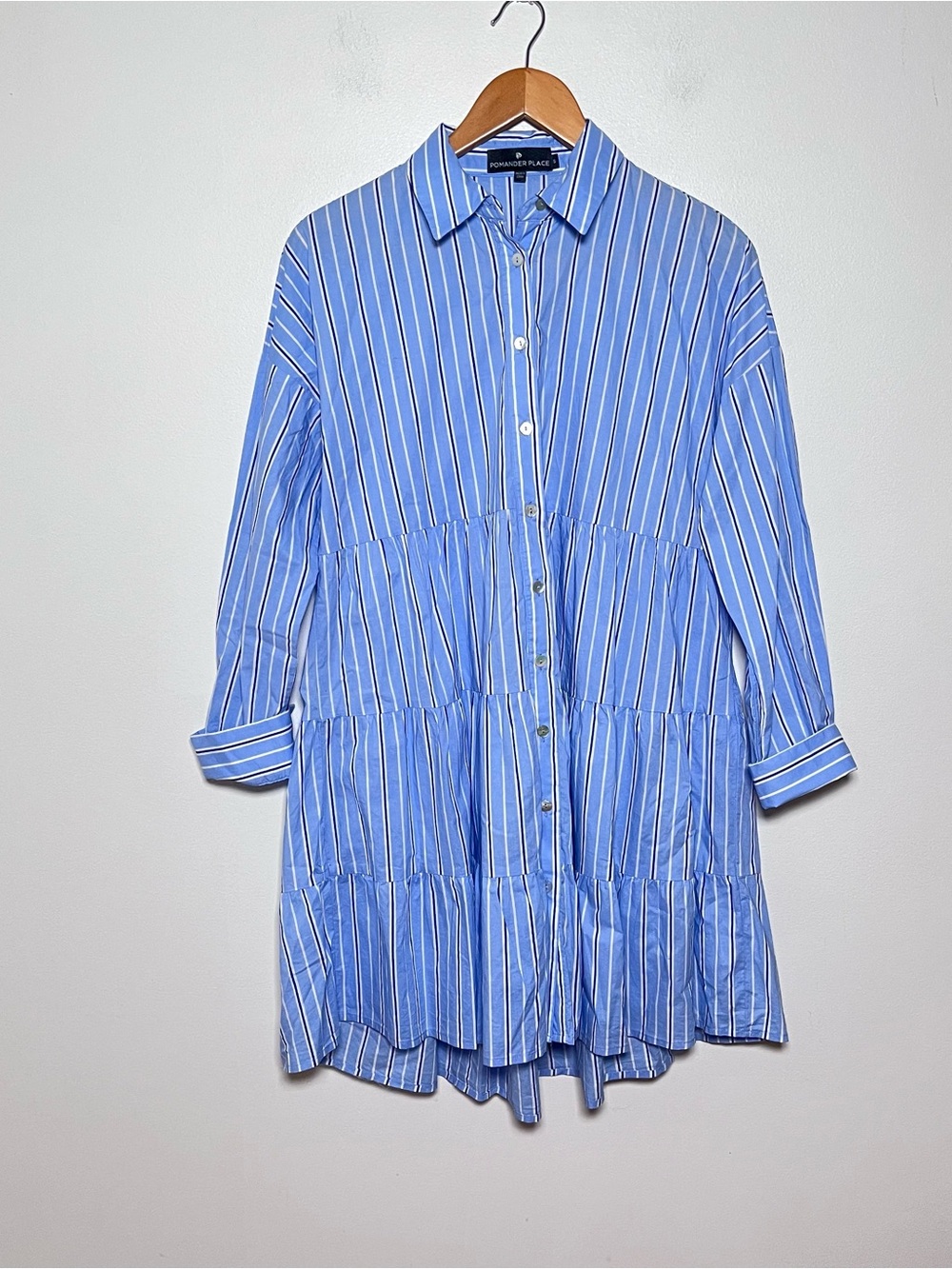 Pomander Place Shades of Blue Stripe Tiered Cara Mini Dress Size Small
